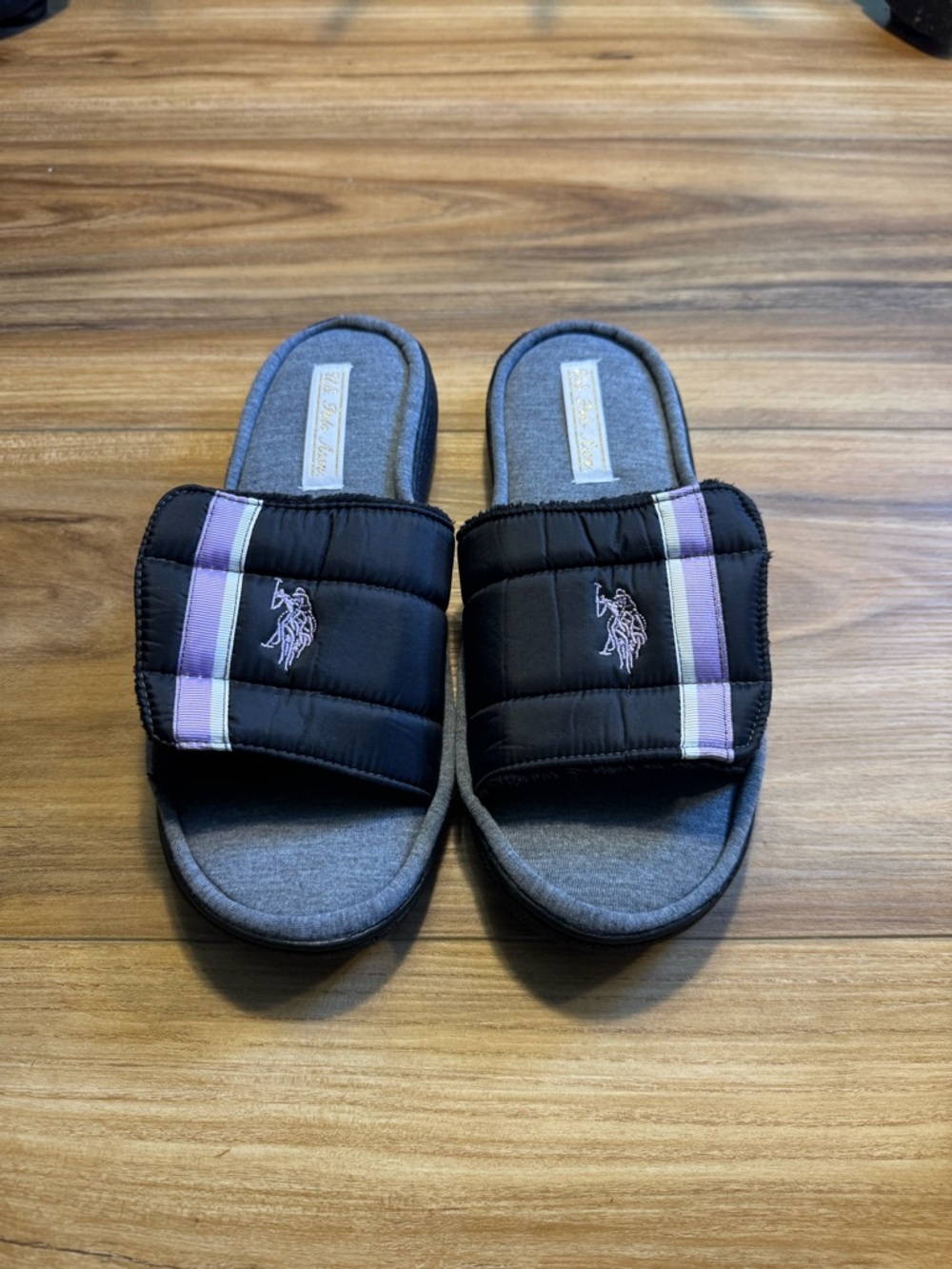 U.S. Polo Assn. Black Slides with Lavender and White Stripes